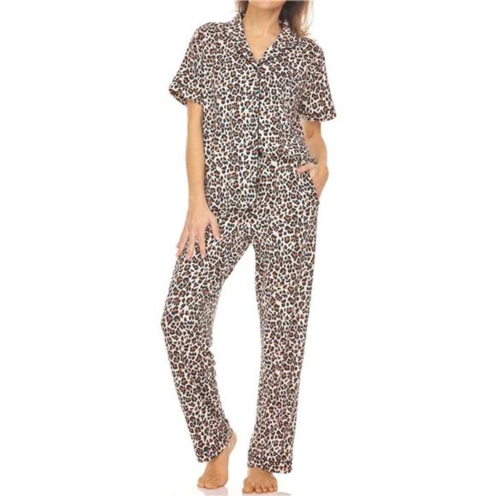 Flora Nikrooz Womens Plus Notch Collar 2-piece Pajama Set (Leopard, XX-Large) - Picture 1 of 3